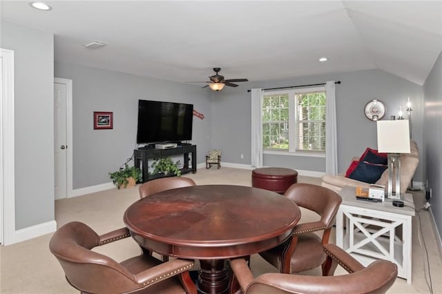 9102 Magnolia Ct, Spanish Fort, AL 36527 - dining space with ceiling fan, light carpet, vaulted ceiling, recessed lighting, and baseboards
