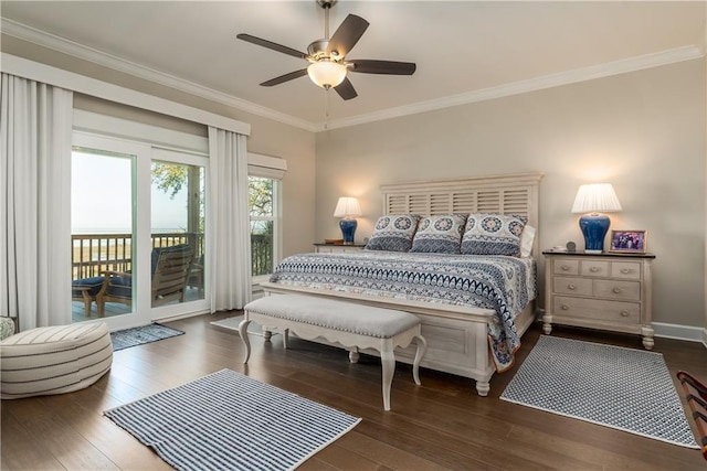 bedroom with baseboards, a ceiling fan, wood finished floors, access to exterior, and crown molding