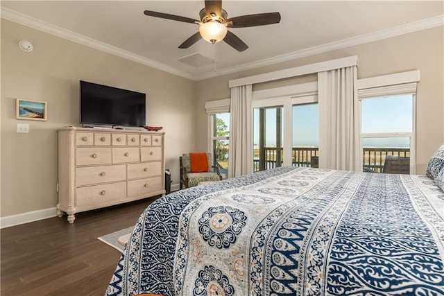 bedroom with a ceiling fan, baseboards, access to outside, dark wood-style floors, and crown molding