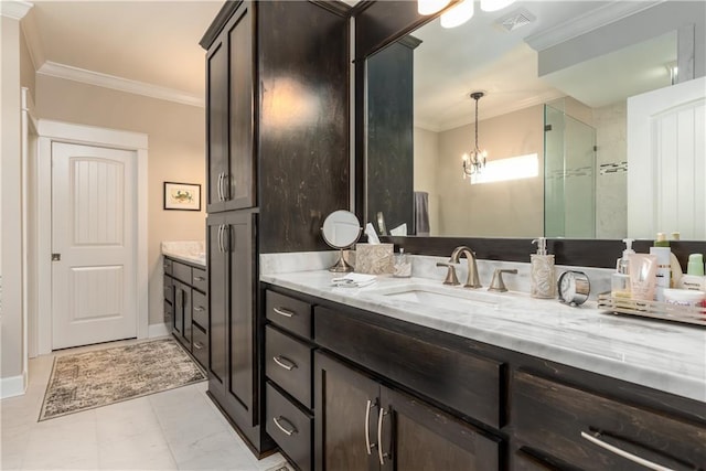 bathroom featuring ornamental molding, visible vents, vanity, and a shower stall