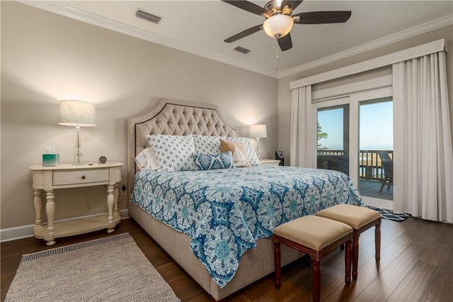 bedroom featuring access to outside, ornamental molding, wood finished floors, and visible vents