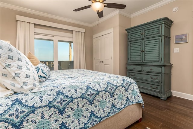 bedroom with baseboards, dark wood finished floors, ceiling fan, access to exterior, and crown molding