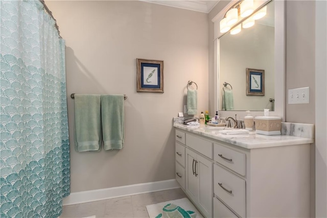 full bathroom with tile patterned flooring, a shower with shower curtain, vanity, baseboards, and ornamental molding