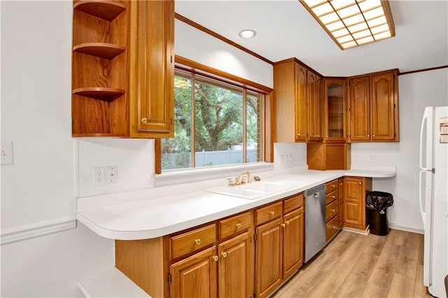 kitchen featuring crown molding, light hardwood / wood-style flooring, dishwasher, sink, and white refrigerator