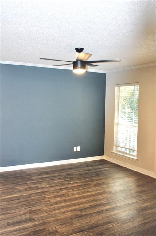 unfurnished room with crown molding, a textured ceiling, ceiling fan, and dark hardwood / wood-style floors