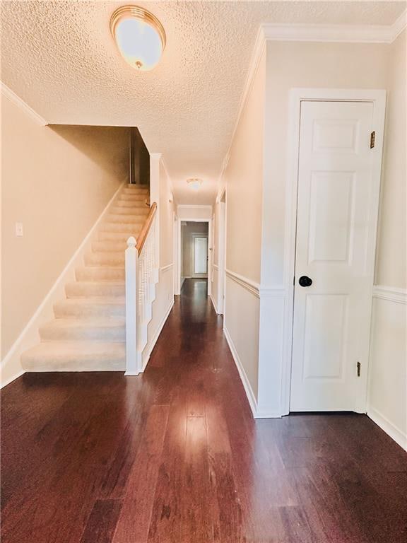 hall with crown molding, a textured ceiling, and dark hardwood / wood-style floors