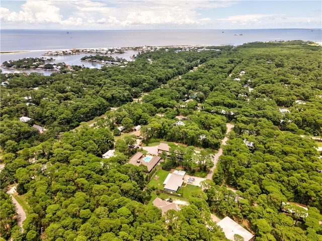 drone / aerial view featuring a water view and a wooded view