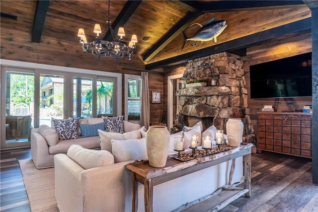 living area featuring vaulted ceiling with beams, a fireplace, wood ceiling, wood walls, and wood finished floors