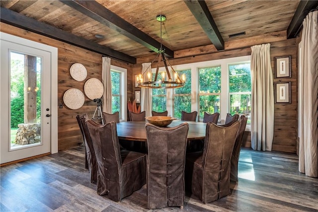 unfurnished dining area featuring a wealth of natural light, wood walls, beamed ceiling, and dark hardwood / wood-style flooring