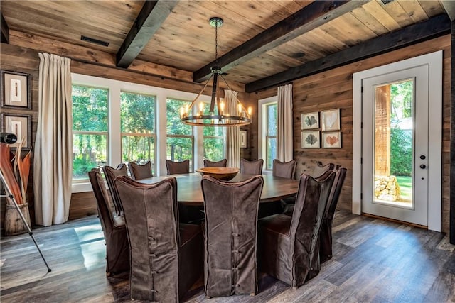 dining area with an inviting chandelier, wood ceiling, dark wood-type flooring, wood walls, and beam ceiling