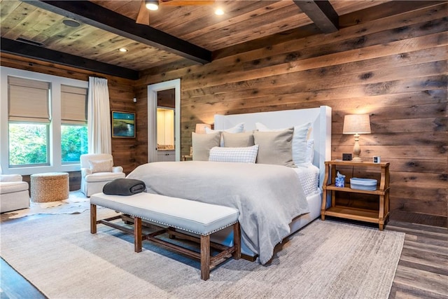 bedroom featuring wooden ceiling, beamed ceiling, hardwood / wood-style floors, and wooden walls