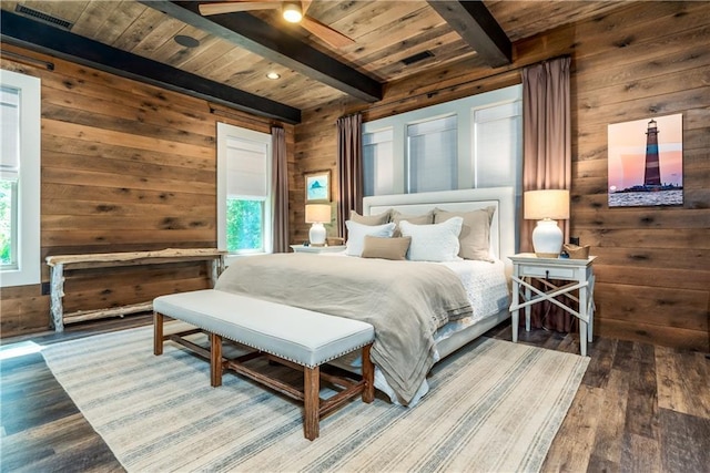 bedroom with wooden ceiling, wooden walls, and beam ceiling