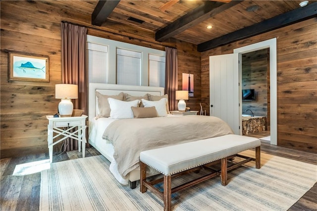 bedroom featuring wooden ceiling, beamed ceiling, wooden walls, and wood finished floors