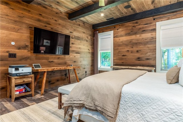 bedroom with wood-type flooring, wooden walls, beam ceiling, and wooden ceiling