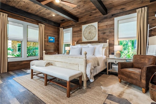 bedroom featuring hardwood / wood-style floors, wooden walls, beamed ceiling, and wooden ceiling