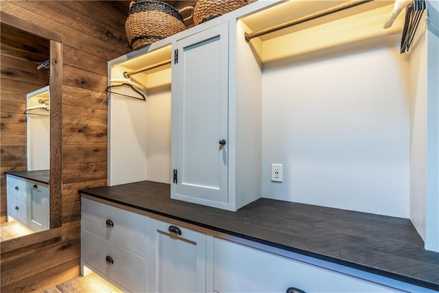 interior space with wood walls and light hardwood / wood-style floors