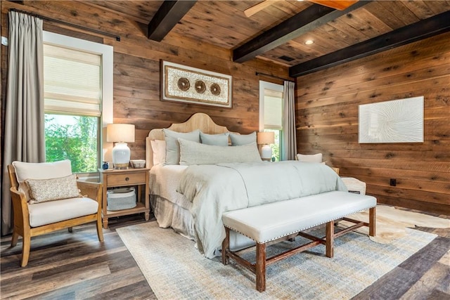 bedroom with wooden ceiling, wood finished floors, beam ceiling, and wood walls