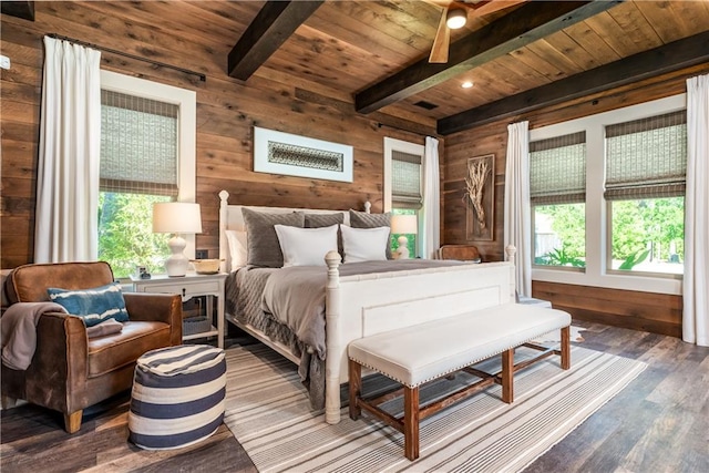 bedroom featuring beamed ceiling, wooden walls, ceiling fan, wood ceiling, and hardwood / wood-style flooring