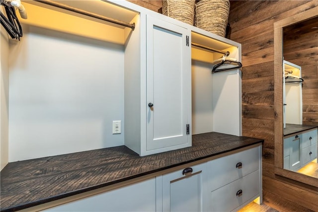 interior space featuring wood walls