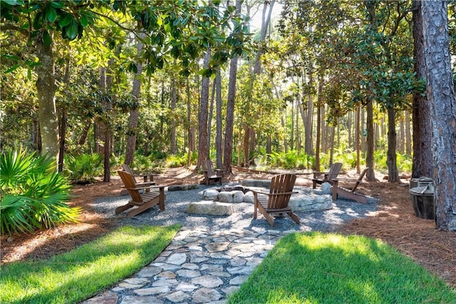 view of yard with a fire pit and a patio