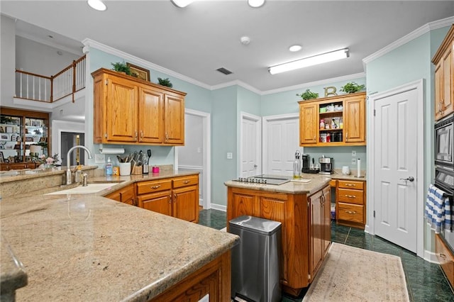 6905 Providence Estates Dr N, Mobile, AL 36695 - kitchen with a peninsula, open shelves, ornamental molding, brown cabinetry, and recessed lighting