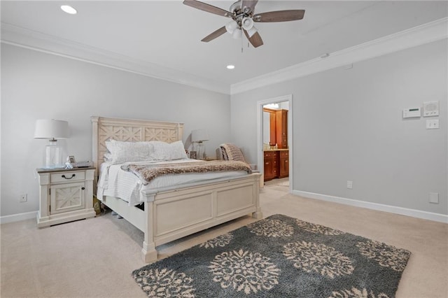 6905 Providence Estates Dr N, Mobile, AL 36695 - bedroom featuring light carpet, ornamental molding, recessed lighting, a ceiling fan, and ensuite bath