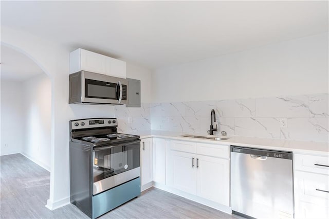 kitchen with white cabinetry, sink, backsplash, stainless steel appliances, and light wood-type flooring