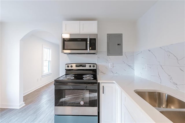 kitchen featuring appliances with stainless steel finishes, white cabinets, decorative backsplash, electric panel, and light hardwood / wood-style flooring