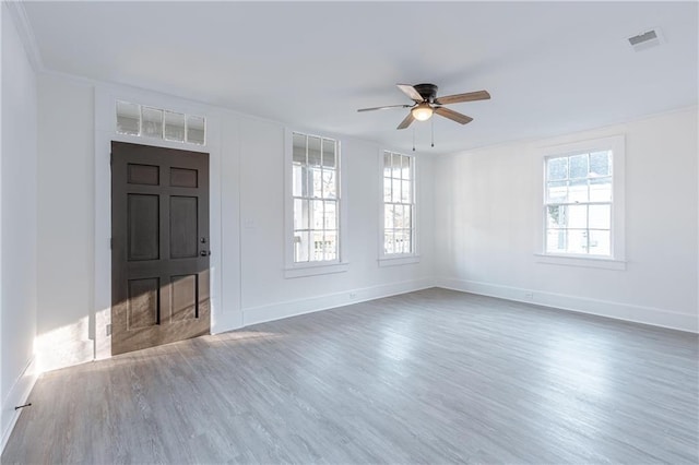 entrance foyer with ceiling fan and dark hardwood / wood-style flooring