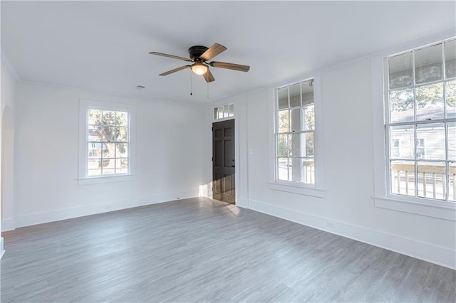 spare room featuring dark wood-type flooring, ceiling fan, and plenty of natural light