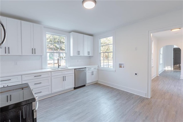 kitchen with sink, stainless steel appliances, light hardwood / wood-style floors, and white cabinets