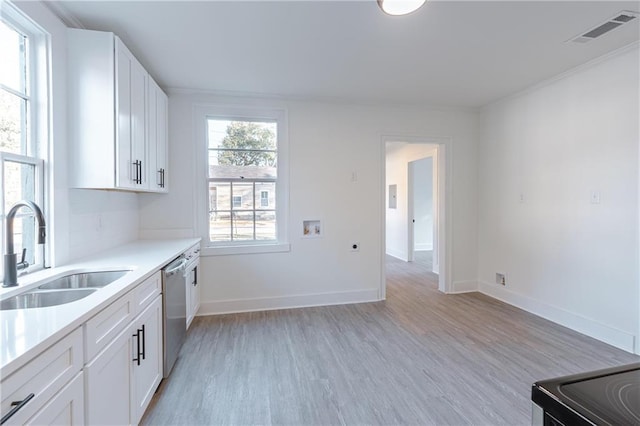 kitchen featuring light wood-type flooring, stainless steel dishwasher, sink, and white cabinets