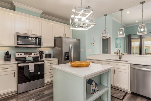 kitchen featuring open shelves, appliances with stainless steel finishes, a sink, and light countertops