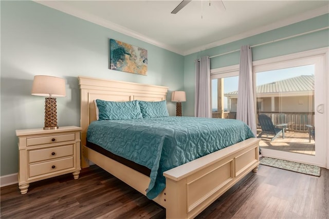 bedroom featuring ceiling fan, access to outside, ornamental molding, and dark wood-style flooring