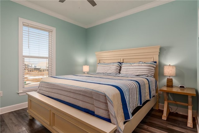 bedroom featuring a ceiling fan, baseboards, ornamental molding, and dark wood-style flooring