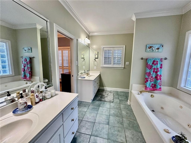 bathroom featuring a wealth of natural light, crown molding, vanity, and a bath