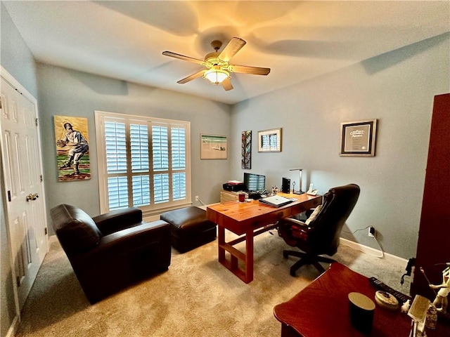 office area with light colored carpet and ceiling fan