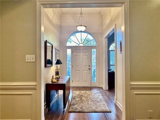 entrance foyer with crown molding and dark wood-type flooring