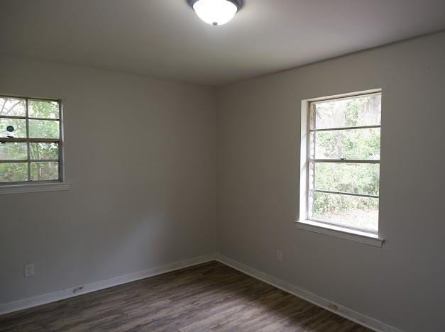 spare room with a wealth of natural light, baseboards, and dark wood-style floors