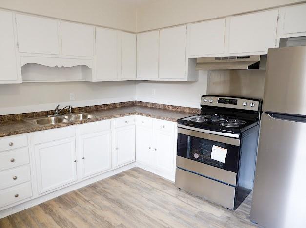 kitchen featuring under cabinet range hood, appliances with stainless steel finishes, white cabinets, and a sink