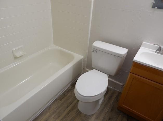 bathroom with toilet, vanity, and wood finished floors