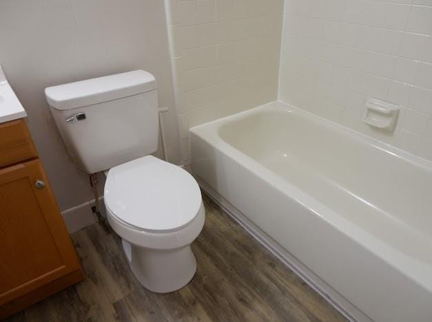 bathroom with toilet, wood finished floors, and vanity