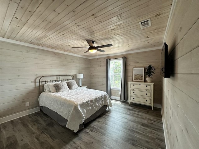 1401 Osprey Ln, Dauphin Island, AL 36528 - bedroom with visible vents, wood walls, wood ceiling, and dark wood finished floors