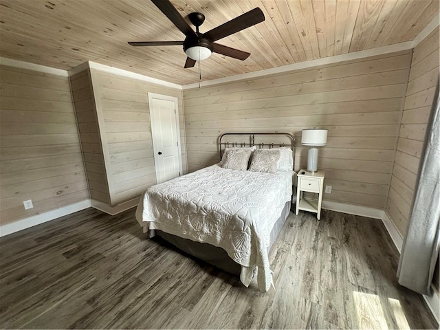 1401 Osprey Ln, Dauphin Island, AL 36528 - bedroom with wooden walls, dark wood-style flooring, baseboards, and wood ceiling