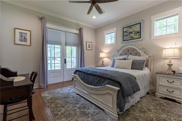 bedroom with access to outside, ornamental molding, wood finished floors, a ceiling fan, and recessed lighting