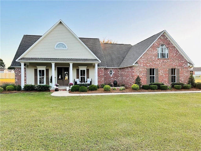 view of front of house with covered porch and a front lawn