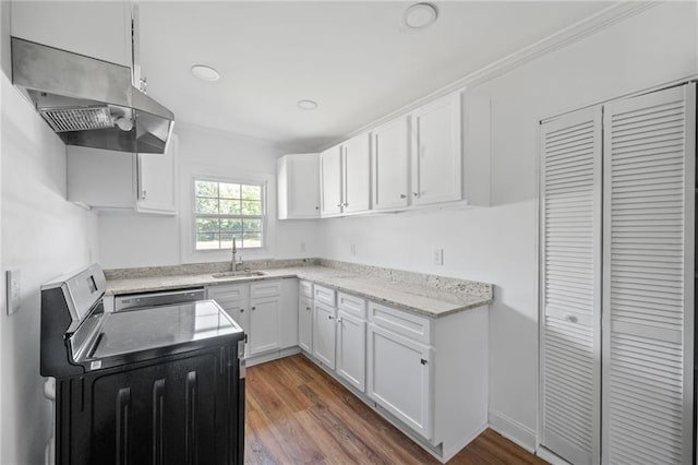 kitchen featuring white cabinets, ventilation hood, stove, dark hardwood / wood-style floors, and sink