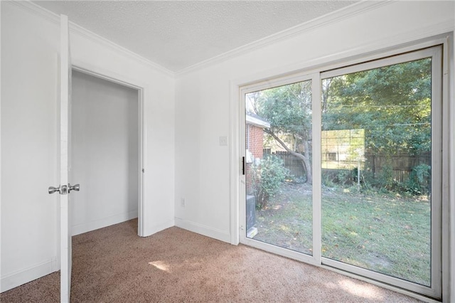 unfurnished bedroom featuring a textured ceiling, carpet floors, and crown molding