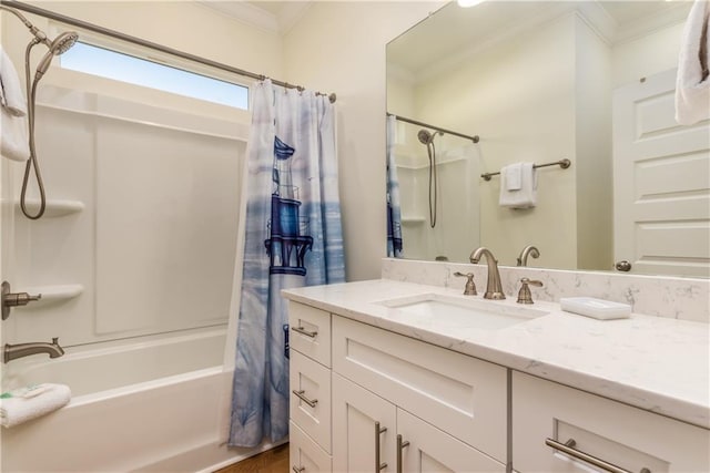 bathroom with crown molding, vanity, and shower / bathtub combination with curtain