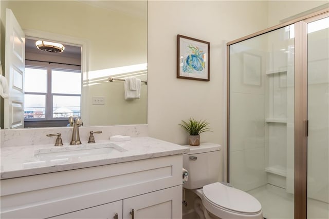 bathroom featuring toilet, a stall shower, and vanity